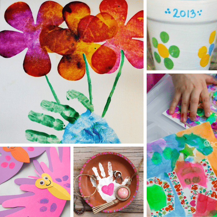 Collage of 5 Mother's Day crafts preschoolers can make.