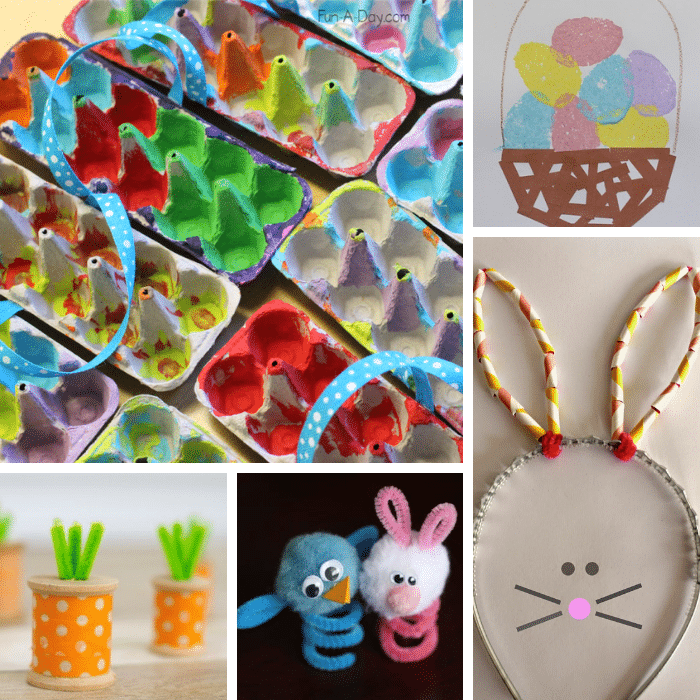 Collage of 5 different Easter-themed crafts for preschoolers.