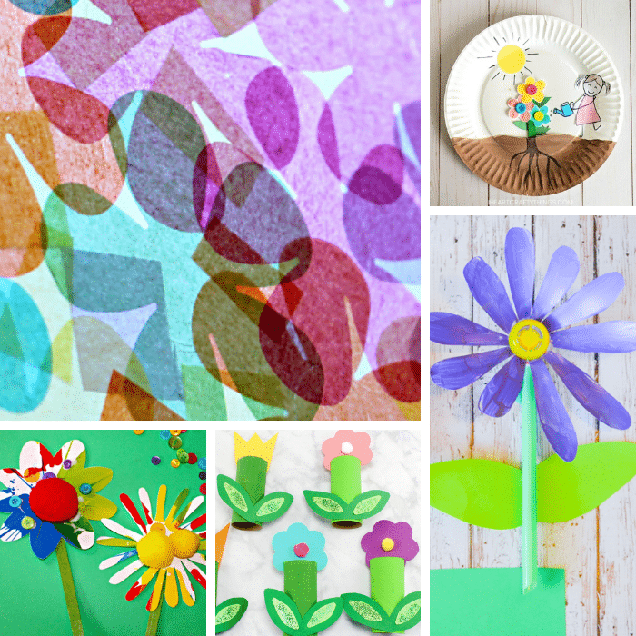 Collage of 5 different flower crafts for preschoolers.