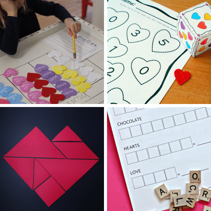 Collage of four different valentine math activities.