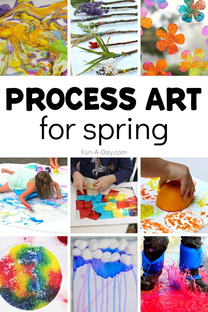 Collage of art activities with text that reads process art for spring