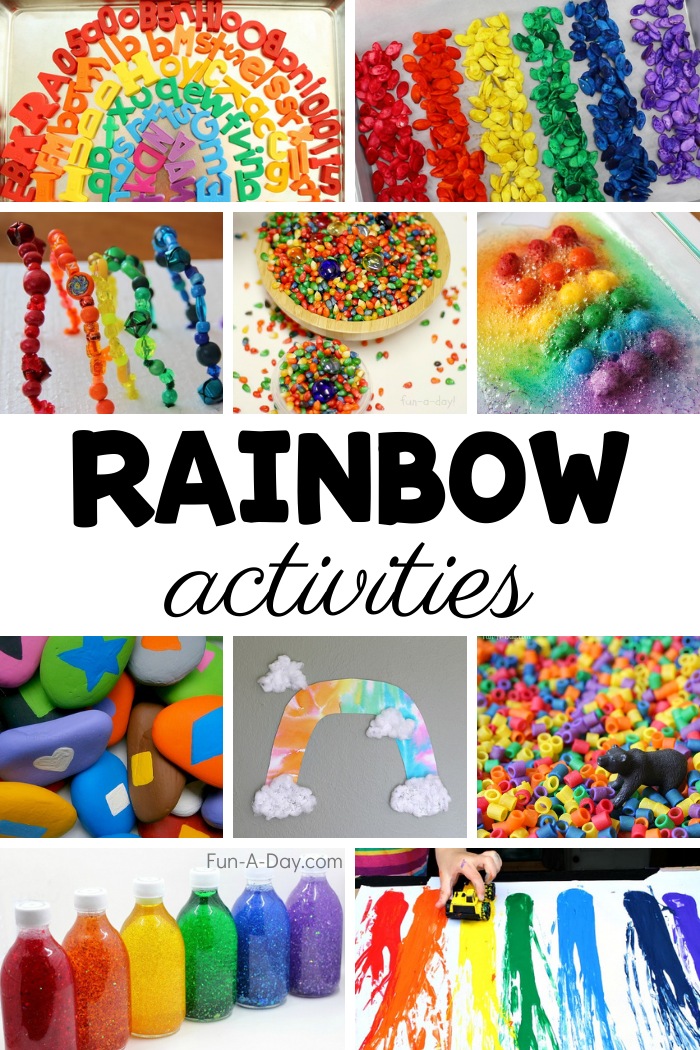 collage of preschool rainbow ideas with text that reads rainbow activities