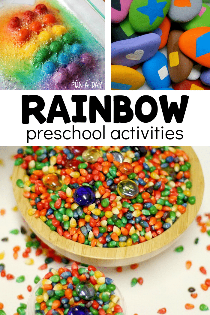 3 rainbow ideas with text that reads rainbow preschool activities