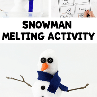 Collage depicting the melting snowman activity. Text that reads snowman melting activity.