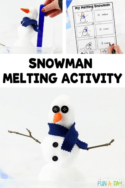 Collage depicting the melting snowman activity. Text that reads snowman melting activity.