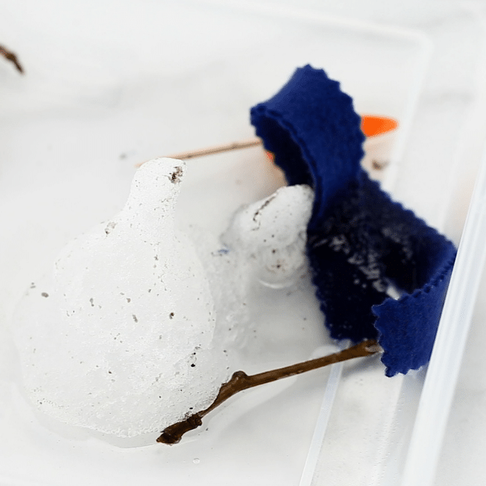 Smaller portions of snow from a melted snowman with materials in a pile.