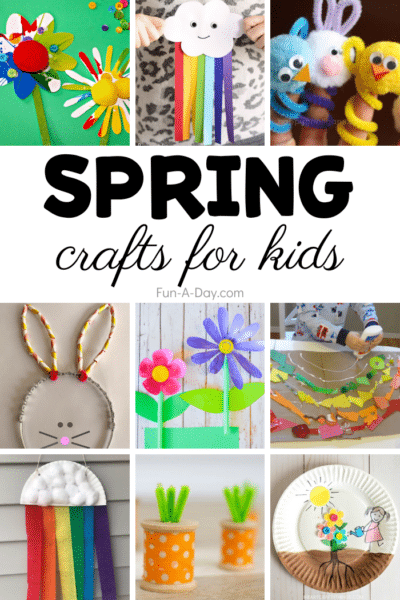 Collage of 9 spring craft ideas with text that reads spring crafts for kids.