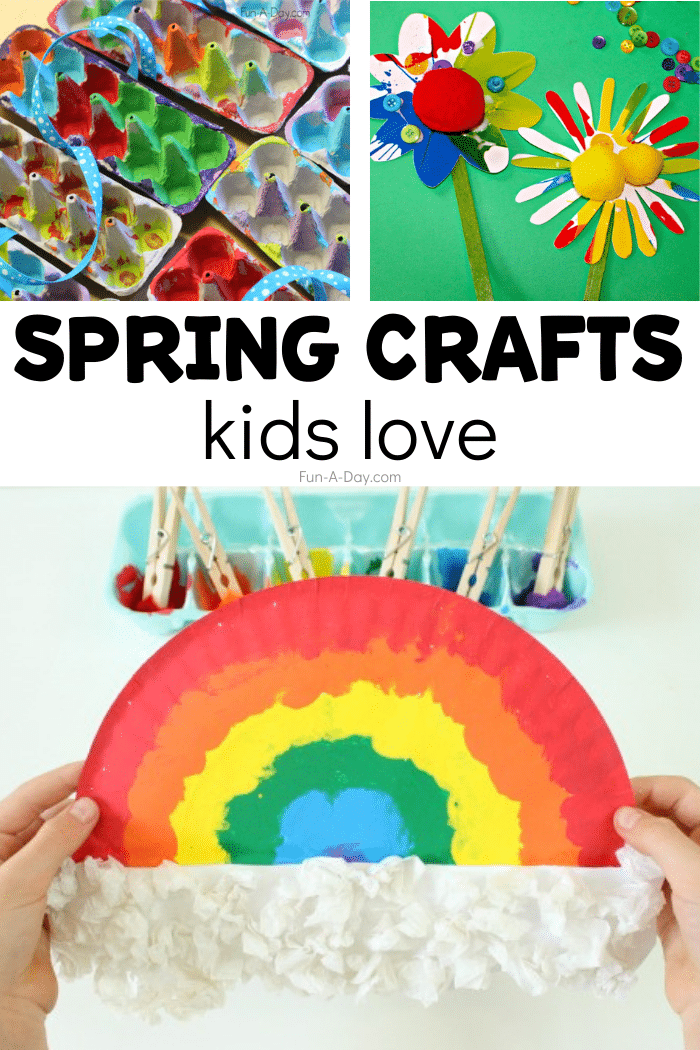 Collage of 3 spring crafts with text that reads spring crafts kids love.