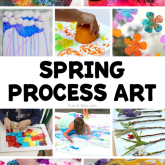 Collage of preschool art ideas with text that reads spring process art