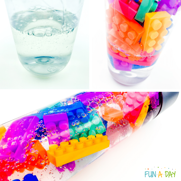 Collage of images which include outline the process of making lego sensory bottle - glue in bottle, legos in bottle, completed bottle with glue, legos, and water.