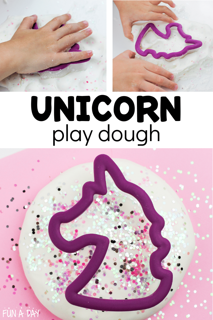 Collage of 3 ways to play with unicorn dough and text that reads unicorn play dough.