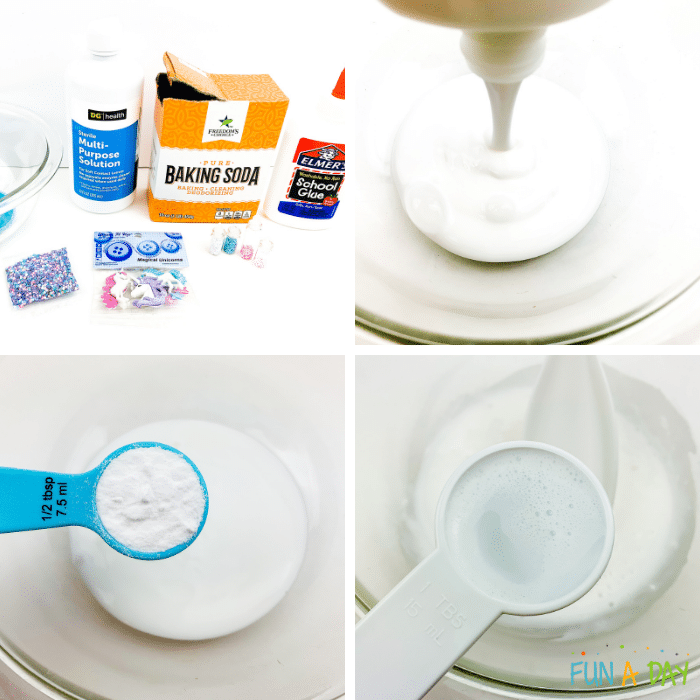 Process of making unicorn slime which includes ingredients, pouring glue into bowl, measuring out baking soda, and measuring out contact lens solution.
