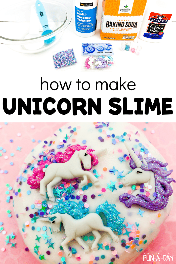 Ingredients for unicorn slime and the completed product. Text that reads how to make unicorn slime.