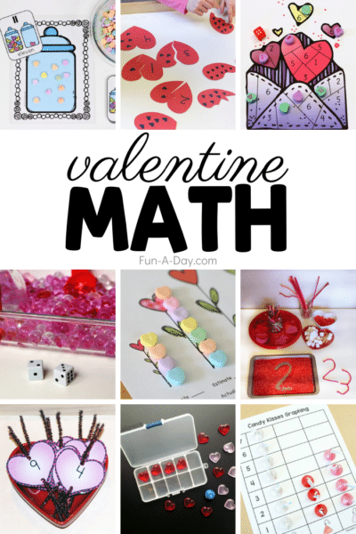 9 valentine math activities and text that reads valentine math.
