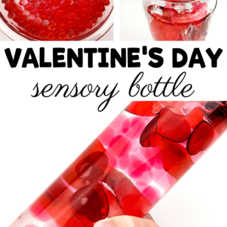 Collage of the creation of the valentine sensory bottle beginning with the expanded water beads, water being poured into clear container with water beads, and complete sensory bottle. Text that reads Valentine's Day sensory bottle.