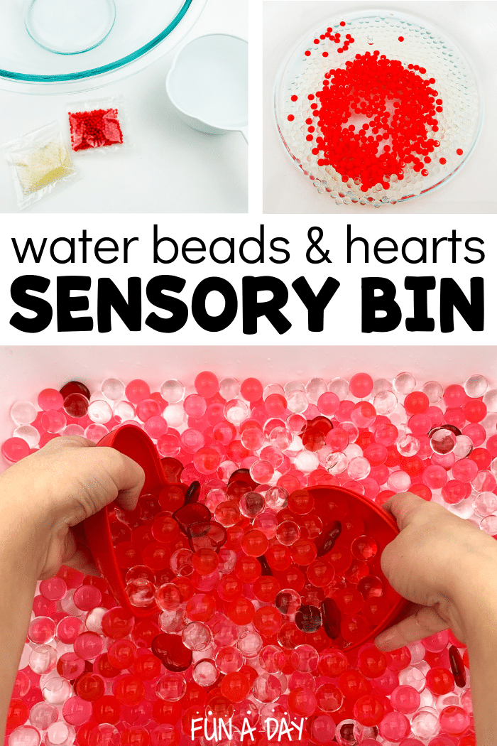 steps to make a valentine sensory bin with text that reads water beads and hearts sensory bin