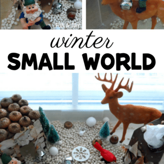collage of scenes from a winter sensory bin with toys and text that reads winter small world
