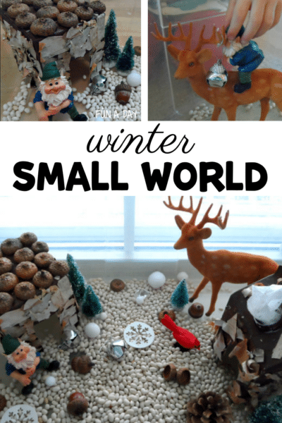 collage of scenes from a winter sensory bin with toys and text that reads winter small world