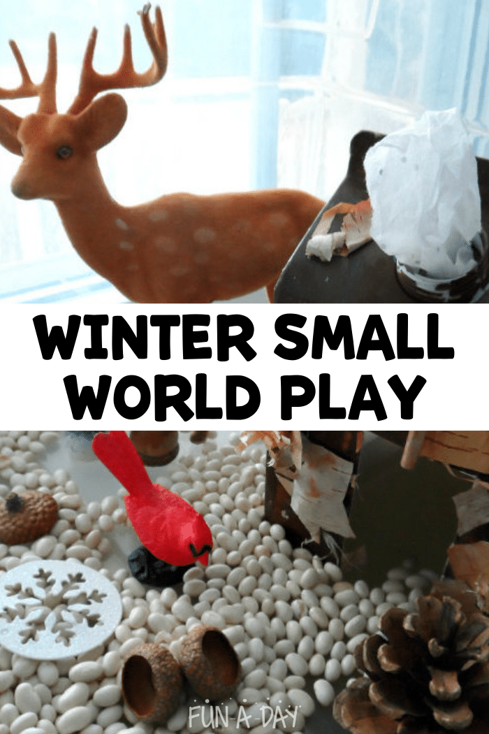 winter sensory bin with forest animals and text that reads winter small world play