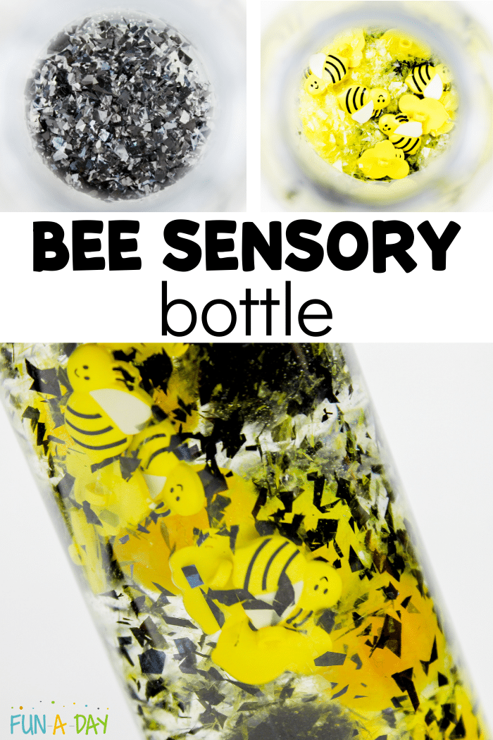 Collage of there images of the bee sensory bottle and text that reads bee sensory bottle.