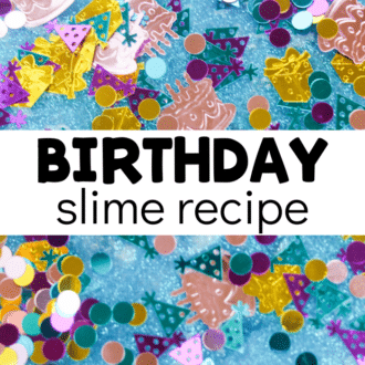 Translucent blue slime with birthday-themed confetti and text that reads birthday slime recipe.