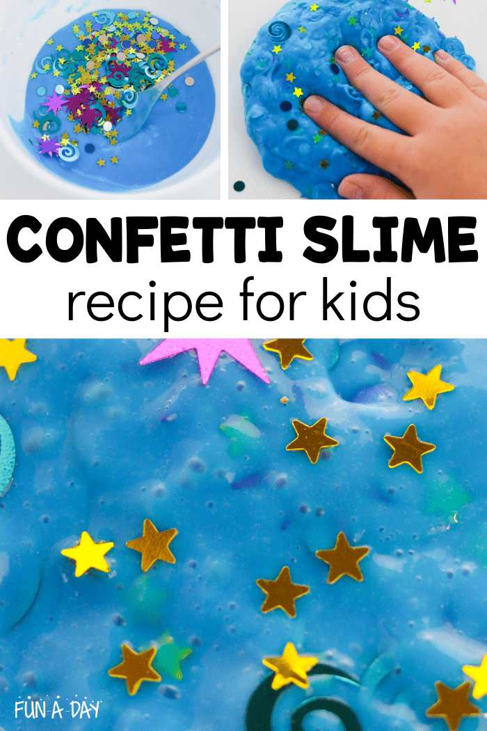 collage of blue slime with text that reads confetti slime recipe for kids