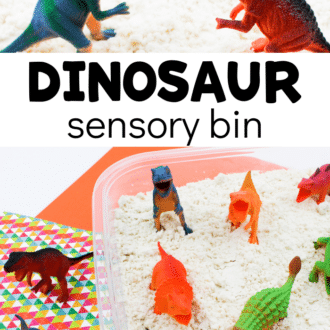 Dinosaurs in a cloud dough with text that reads dinosaur sensory bin