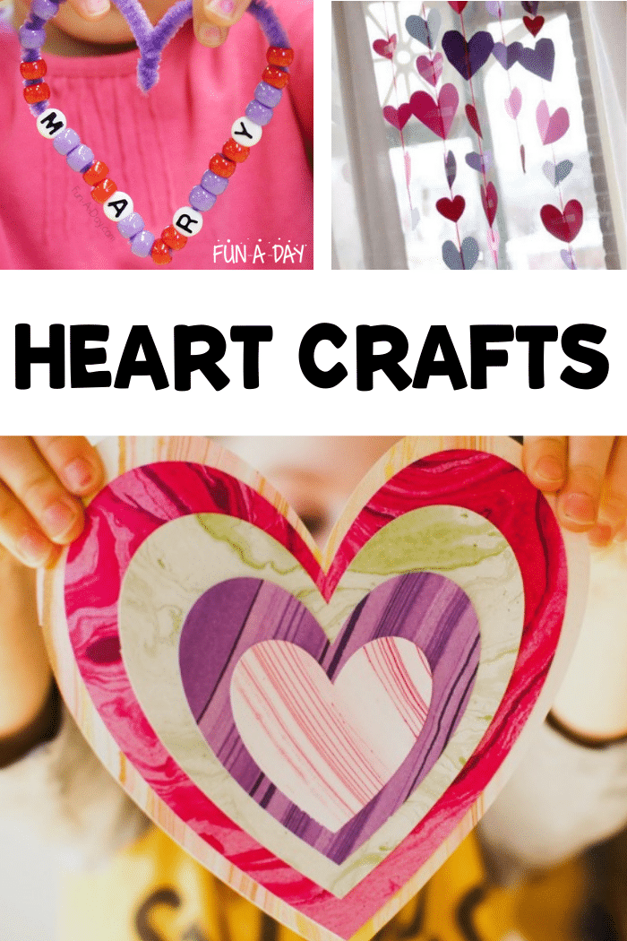 collage of 3 heart-themed ideas with text that reads heart crafts