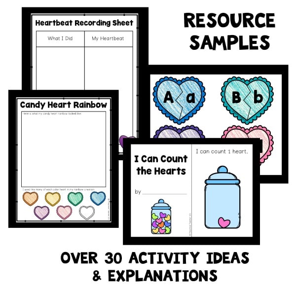 images of printables from heart lesson plans with text that reads resource samples, over 30 activity ideas and explanations