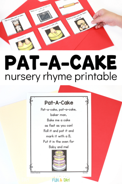Person using pat-a-cake sequencing cards and the pat-a-cake poem with text that reads pat-a-cake nursery rhyme printable.