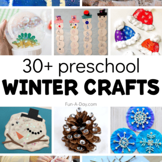 collage of winter crafts for preschoolers and text that reads 30+ preschool winter crafts.