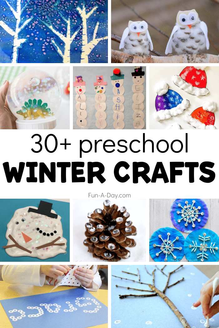 collage of winter crafts for preschoolers and text that reads 30+ preschool winter crafts.