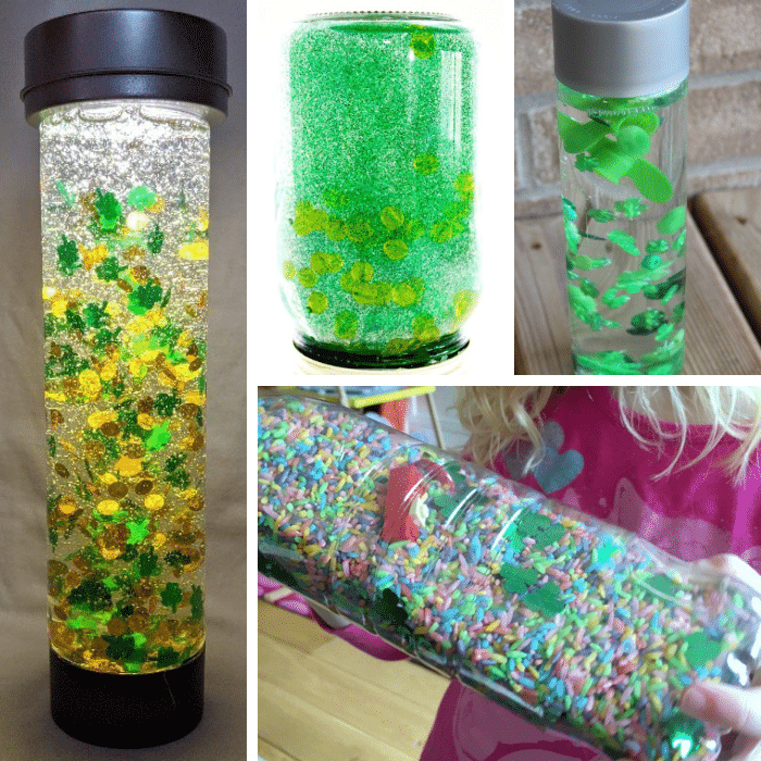 Four St. Patrick's Day sensory bottle ideas.