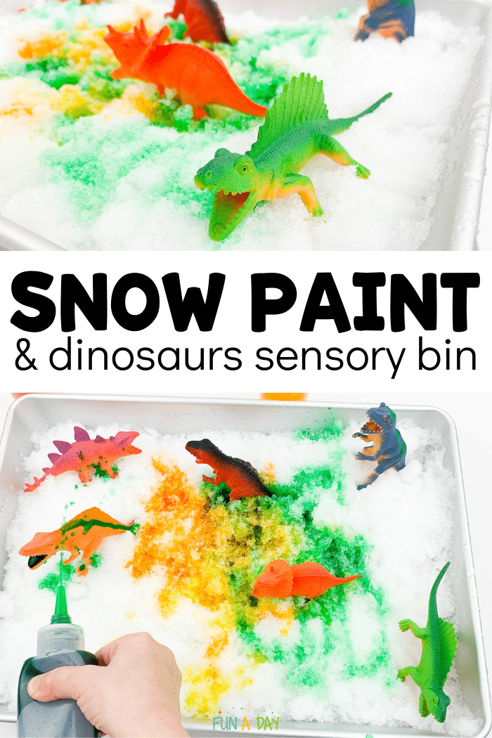 Collage of dinosaur snow tray with text that reads snow paint & dinosaurs sensory bin.