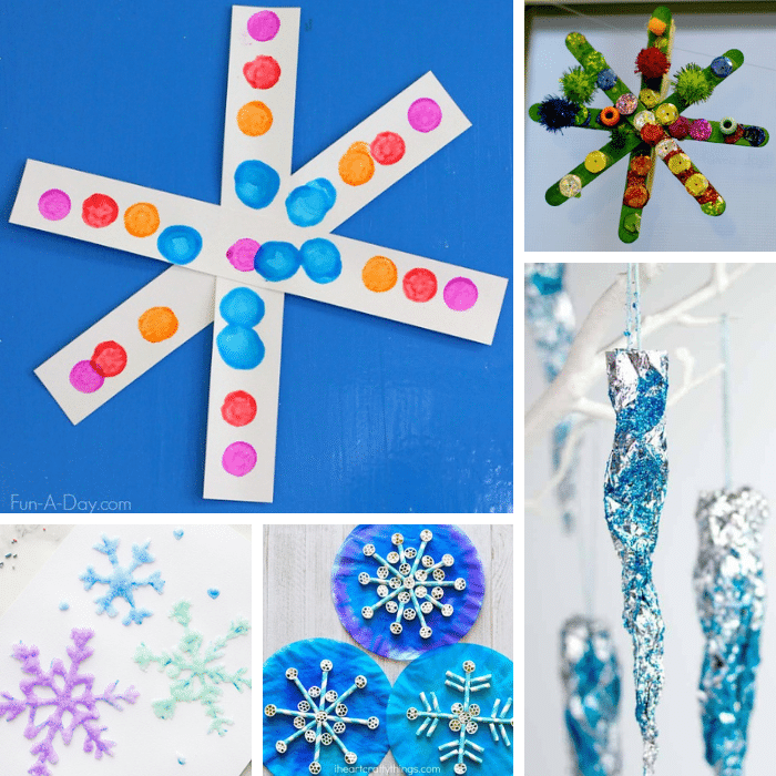 Collage of snow and ice art ideas for preschoolers.