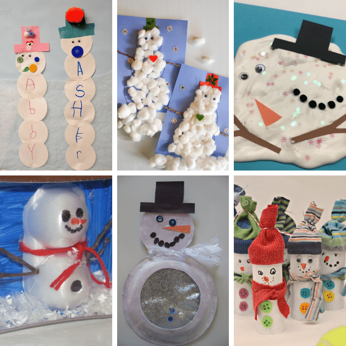 Collage of snowman crafts for preschoolers.