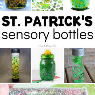 St. Patrick's Day sensory bottle ideas with text that reads St. Patrick's Day sensory bottles.