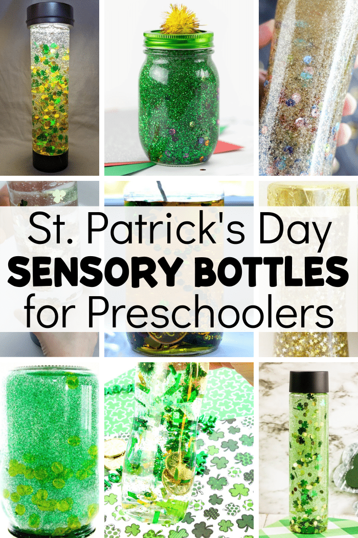 March themed discovery bottles with text that reads St. Patrick's Day sensory bottles for preschoolers.