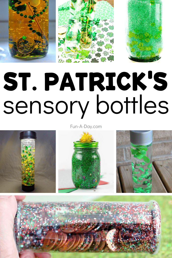 Discovery bottle ideas with text that reads St. Patrick's Day sensory bottles.