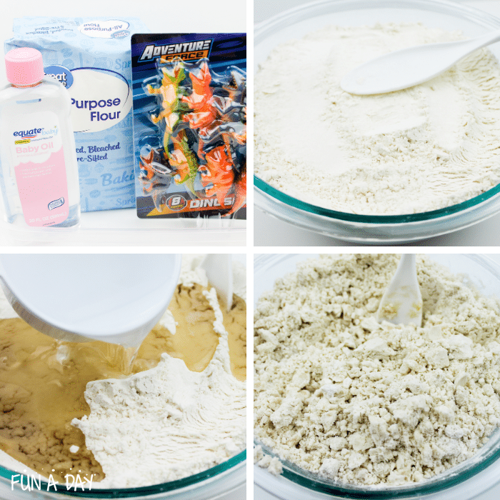 Materials and steps for making cloud dough for a dinosaur sensory bin