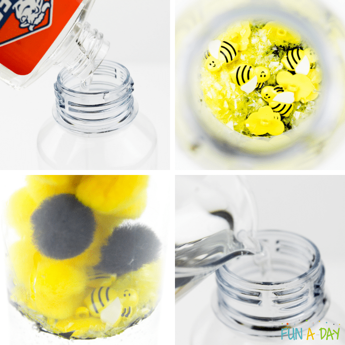 Collage of the process of creating the bee sensory bottle.