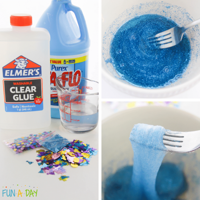 Collage of images depicting the process of making birthday slime which includes gathering materials, mixing in glitter, and combining until a thick slime texture is achieved.