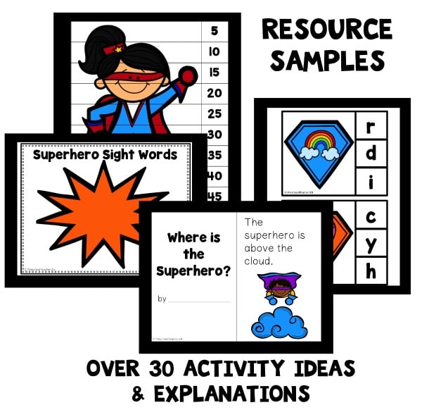 superhero lesson plan printables with text that reads resource samples, over 30 activity ideas & explanations