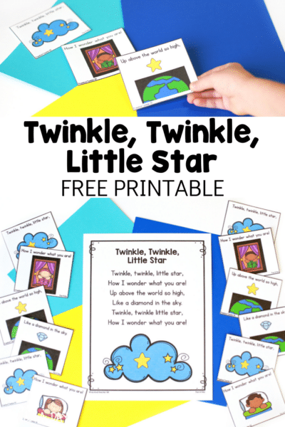 Twinkle Twinkle Little Star poem and retelling cards with text that reads Twinkle, Twinkle, Little Star free printable