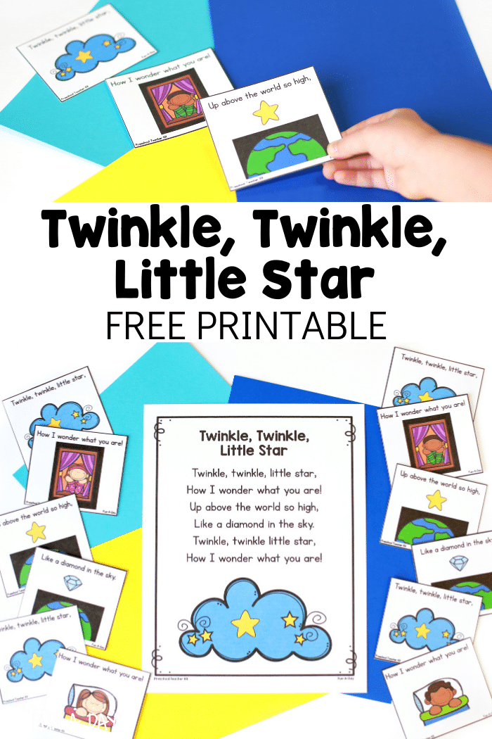 Twinkle, Twinkle, Little Star printable poem and story telling cards, someone sequencing the story cards, and text that reads Twinkle, Twinkle, Little Star free printable.