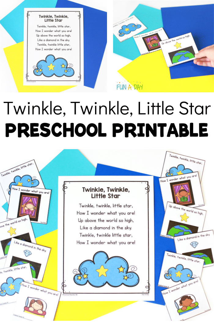Twinkle, Twinkle, Little Star printables, poem, story telling cards, and someone sequencing the story cards, and text that reads Twinkle, Twinkle, Little Star preschool printable.