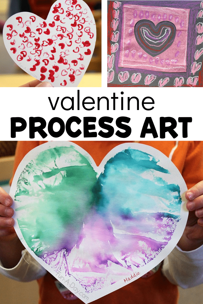 3 valentine art ideas with text that reads valentine process art