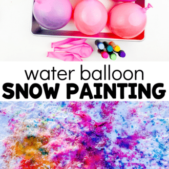 Filled water balloons, water colors, and painted snow with text that reads water balloon snow painting