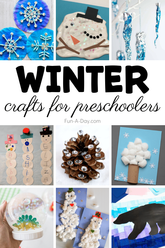 Collage of winter-themed crafts with text that reads winter crafts for preschoolers.