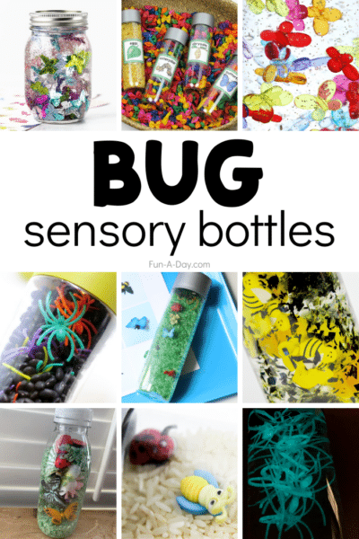 Collage of 9 bug sensory bottle ideas with text that reads bug sensory bottles.